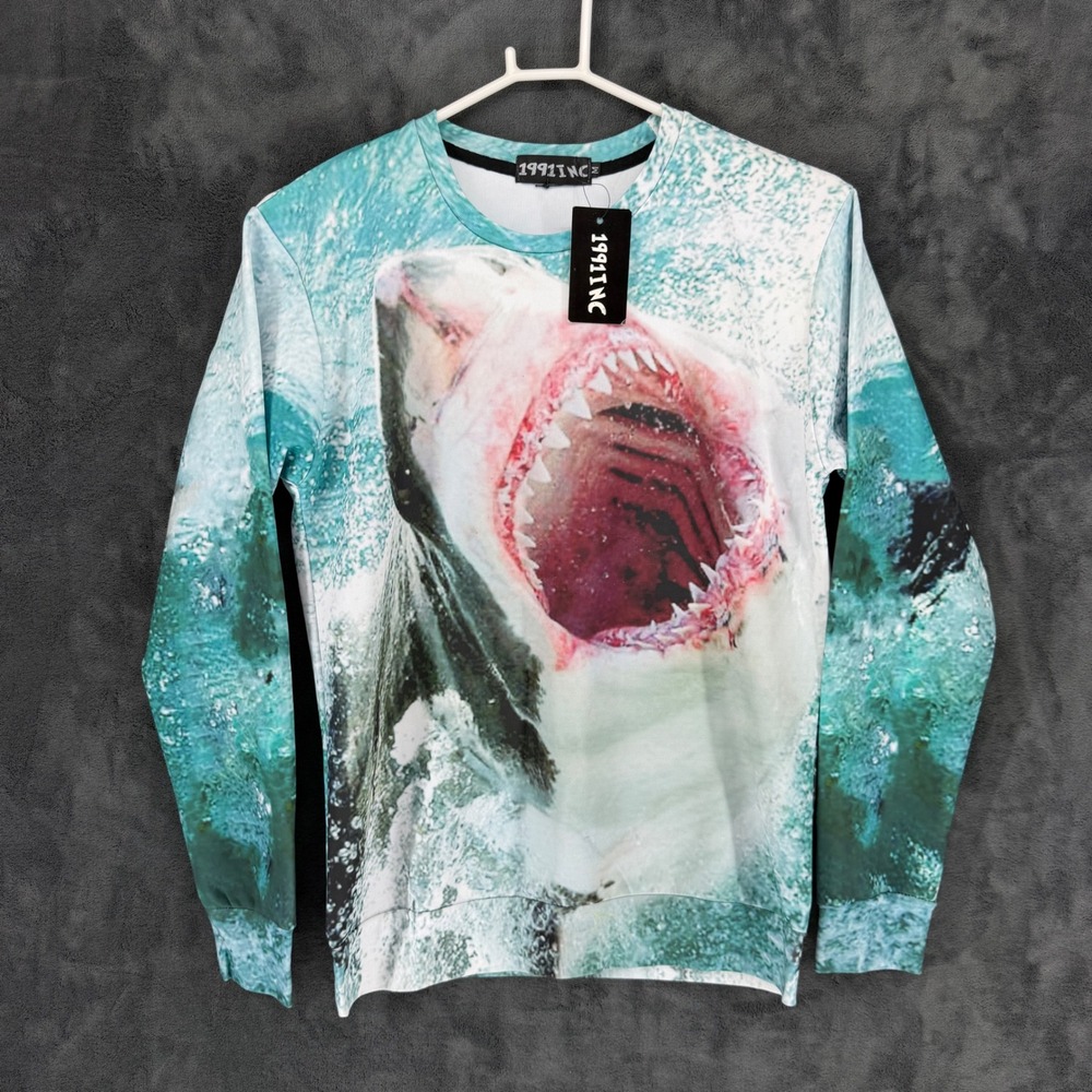 1991INC Great White Shark Graphic‎ Sweatshirt Teal White Mens Size M New